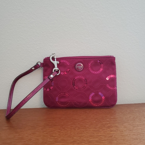 Coach Raspberry Pink Sequin Logo Satin Wristlet - Picture 2 of 9